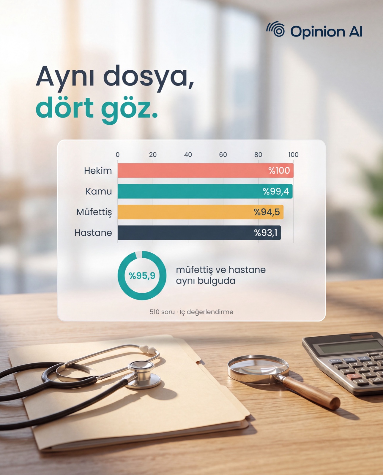 Masada stetoskop, büyüteç ve hesap makinesi; üzerinde dört rolün sonuçlarını gösteren grafik: hekim %100, kamu %99,4, müfettiş %94,5, hastane %93,1 ve müfettiş ile hastanenin %95,9 oranında aynı bulguda buluşması