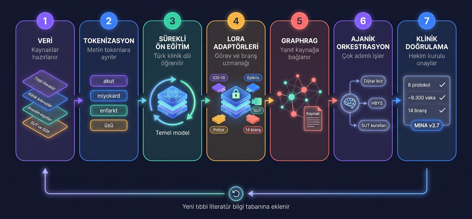 MINA'nın geliştirme hattı: veri, tokenizasyon, sürekli ön eğitim, LoRA adaptörleri, GraphRAG, ajanik orkestrasyon ve klinik doğrulama aşamaları soldan sağa sıralanır; alttaki dönüş oku yeni tıbbi literatürün bilgi tabanına eklendiğini gösterir.