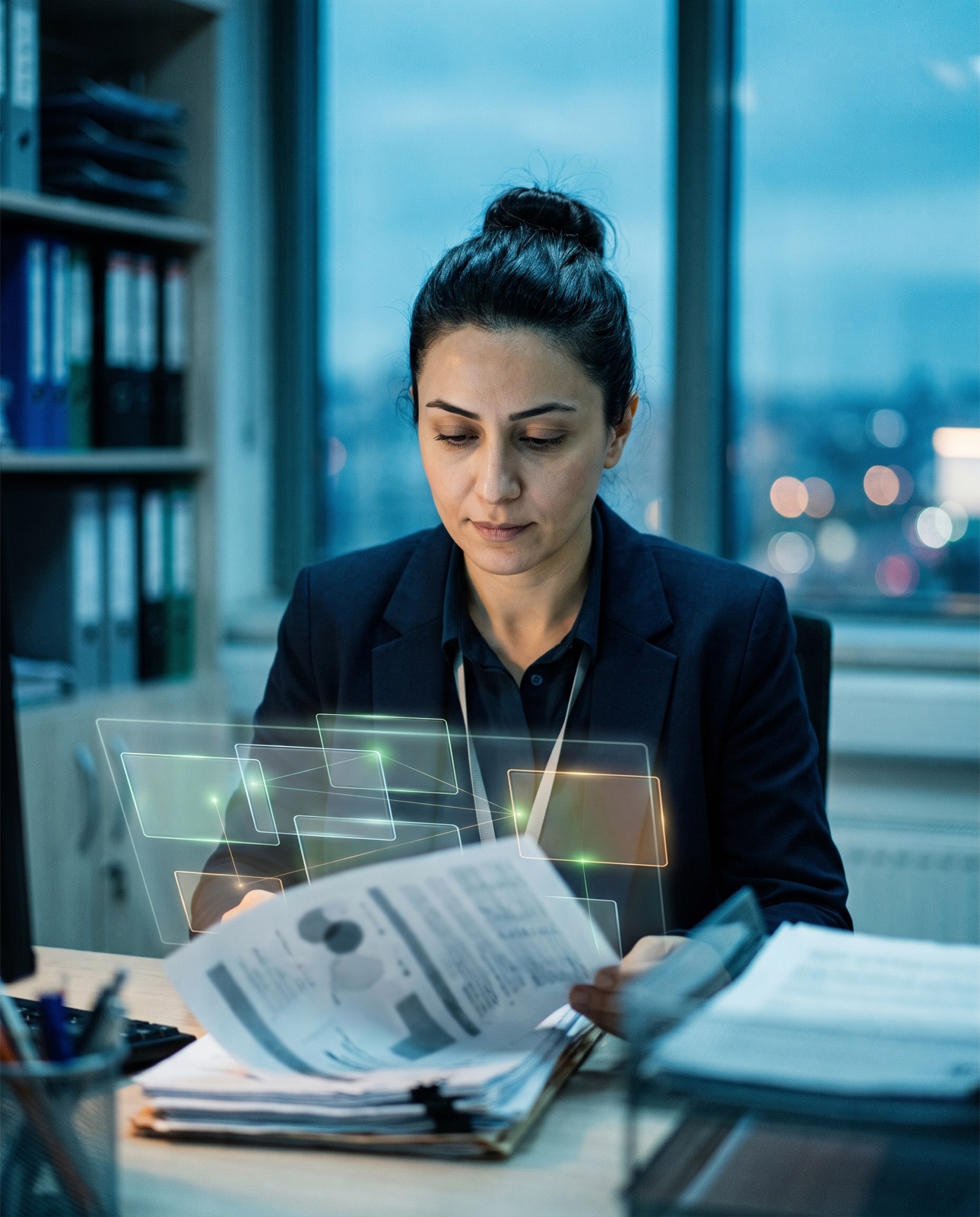 A hospital billing specialist checks a patient file against the rules before it is submitted
